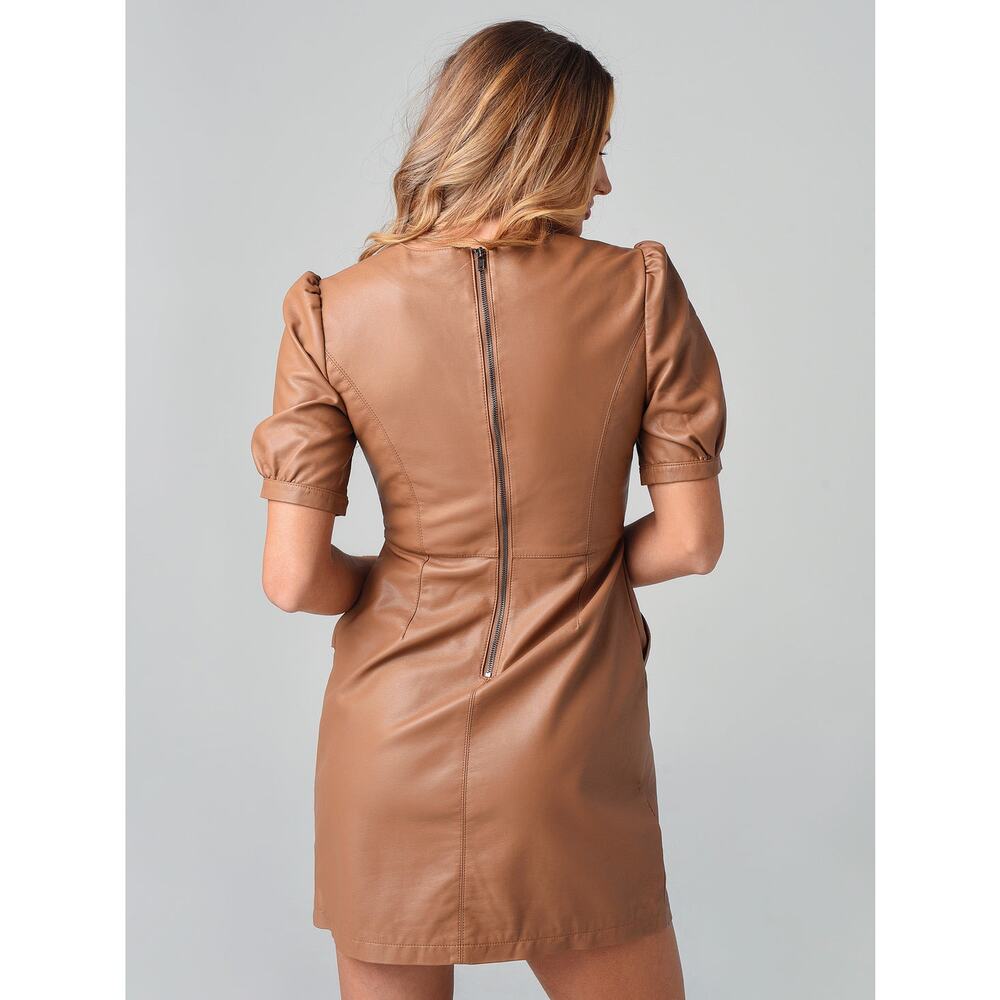 Cupcake & Cashmere Maggie Dress Brown Faux Leather Mini Dress with pockets - Picture 3 of 16